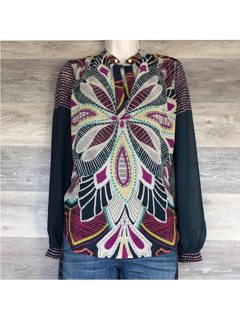 Anthropologie Multicolor Graphic Long-Sleeve Blouse in Black and Magenta